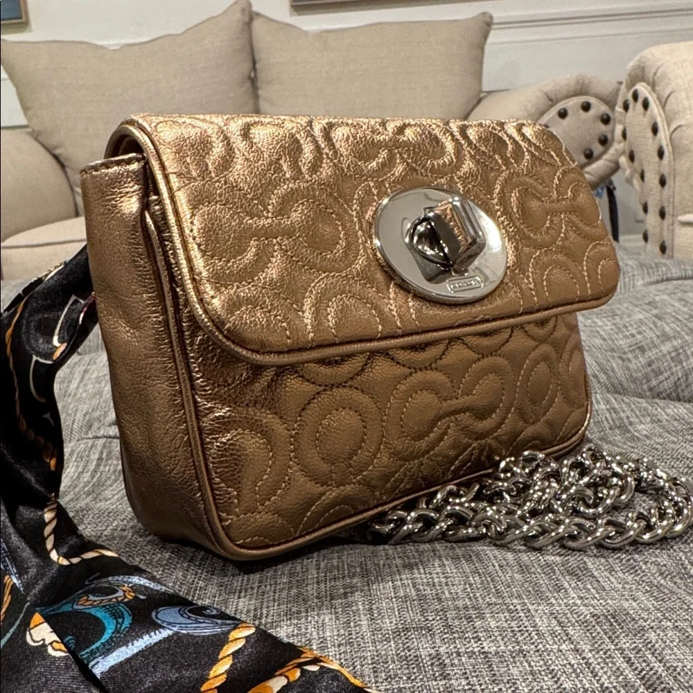 Coach Madison Small Signature Embossed Gold Metallic Leather Shoulder Bag